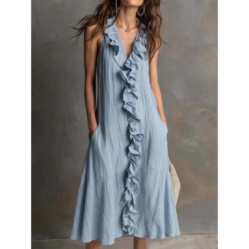 QICED Fashion Summer Spring Solid Color Print Sleeveless V-Neck Casual Dresses