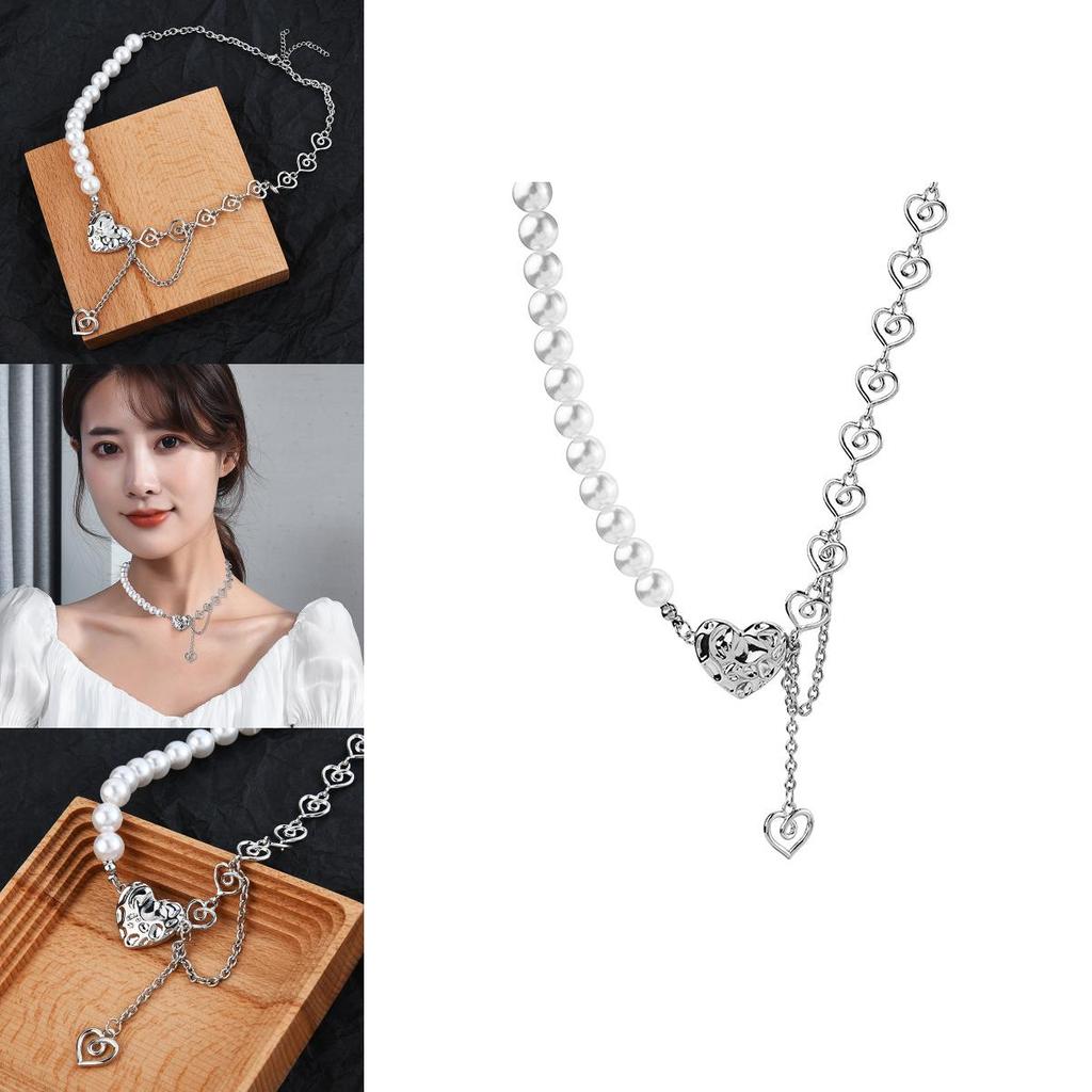 Elegant Korean Style Titanium Steel Heart Shaped Necklace With Pearl Chain Design