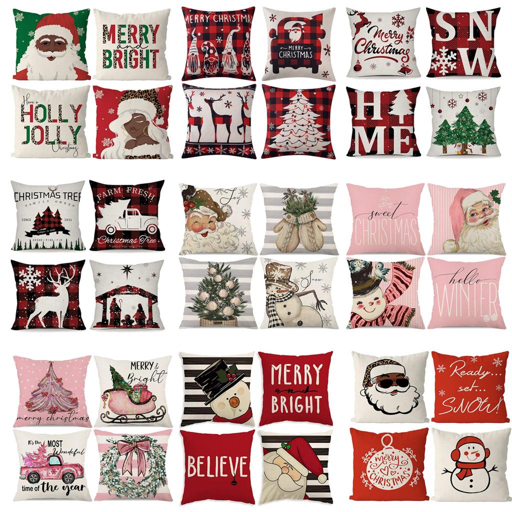 Christmas Pillowcase Linen Print Elk Snowman Home Decoration Sofa Cushion Cover