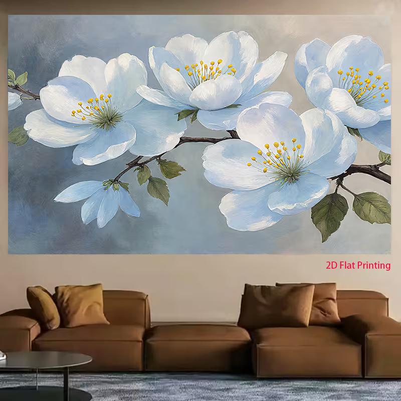 2D Flat Floral Art Backdrop Light Blue Magnolia with Green Leaves Background Cloth
