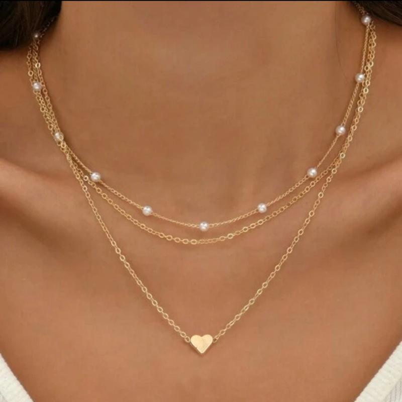 

Simple Temperament Gold Color Heart-shaped Pendant Imitation Pearl Multi-layer Necklace for Women Fashion Collar Chain Zircon золотой
