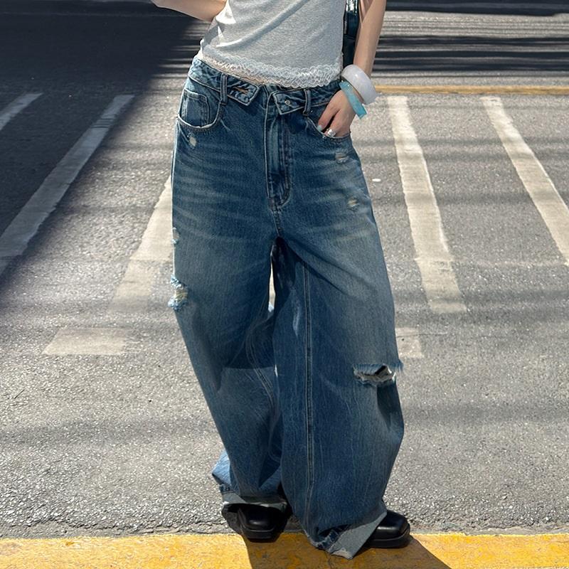 Fashionable Ripped Cuffed High-waist Wide-leg Jeans L джинсовый синий