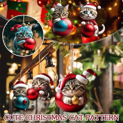 Acrylic Christmas Cat Pendant  Holiday Design with Christmas Hat for Christmas Tree Car Rearview Mirror Home Party Holiday Decor