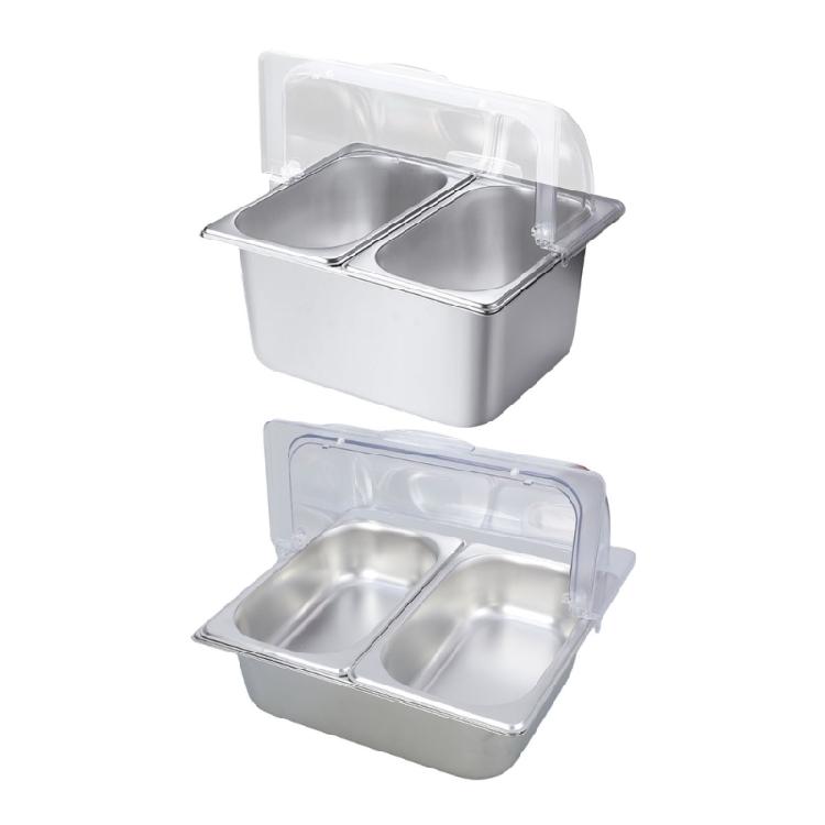 Edelstahl 2-Kammer-Speisewanne Klare Rollhaube Buffet-Serviertablett mit Trennwänden Gewürzspender