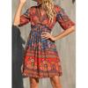 Dress V-neck short-sleeved printed retro new dress