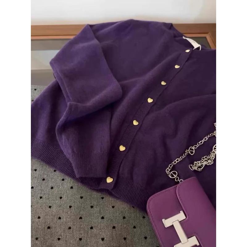 

Vintage high-end grape purple round neck love buckle knitted cardigan autumn and winter lazy soft waxy sweater jacket one size fits all фіолетовий