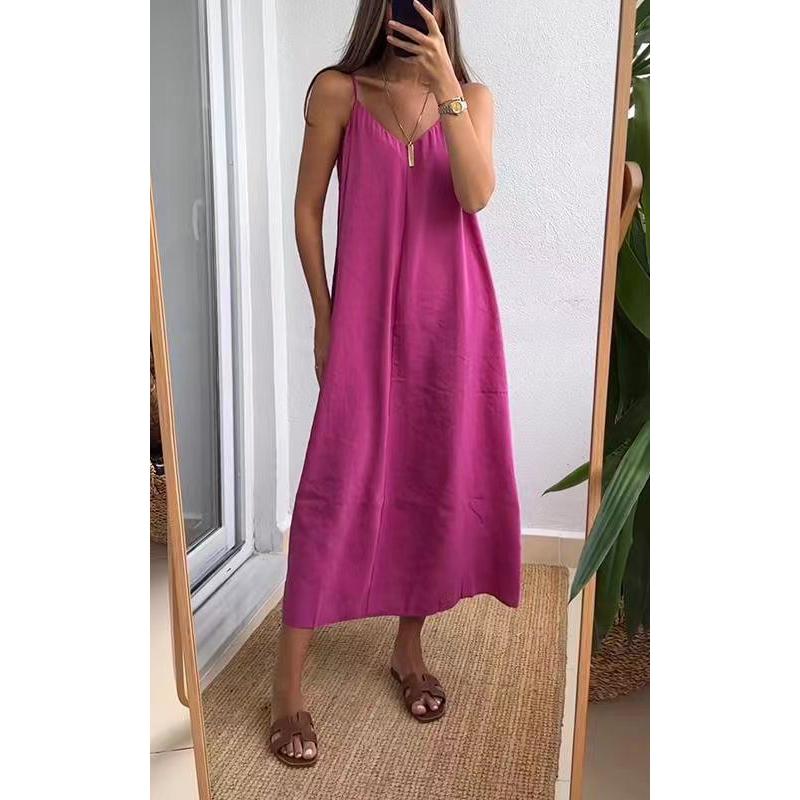 Sommer Damen Locker Spaghettiträger Kleider Damen Einfarbig V-Ausschnitt Lässig Pendeln Ärmellos Langes Kleid Weiblich Vestidos