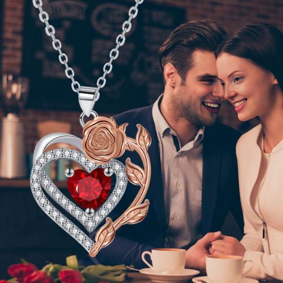 Herz und Rose Halskette Damen Kunststein Rotes Herz Anhänger Halskette Schmuck Geschenk für Ehefrau Freundin Geburtstag Jahrestag Valentinstag