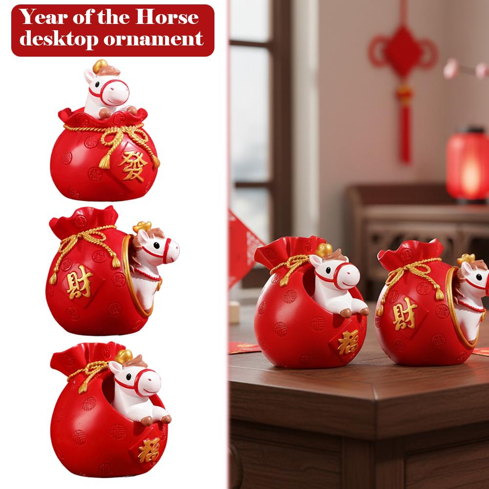 2026 Chinese Horse New Year Decor Red Envelope Resin Desktop Ornament Cute Lucky Horse Figurine Wealth Fortune Home Office Decor
