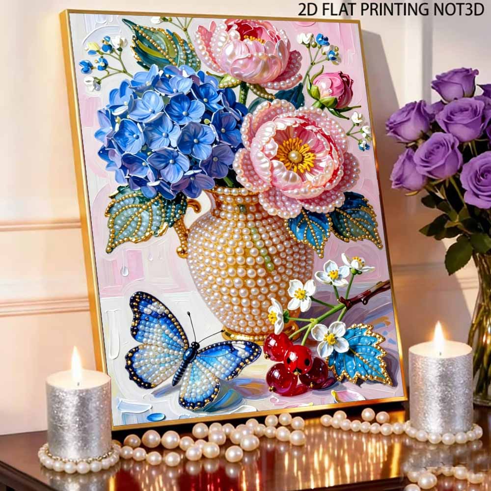 DIY Pearl Painting Canvas Floral Butterfly Design Shiny 3D Bead Art Kit Creative Leisure Craft for Living Room Wall Decor