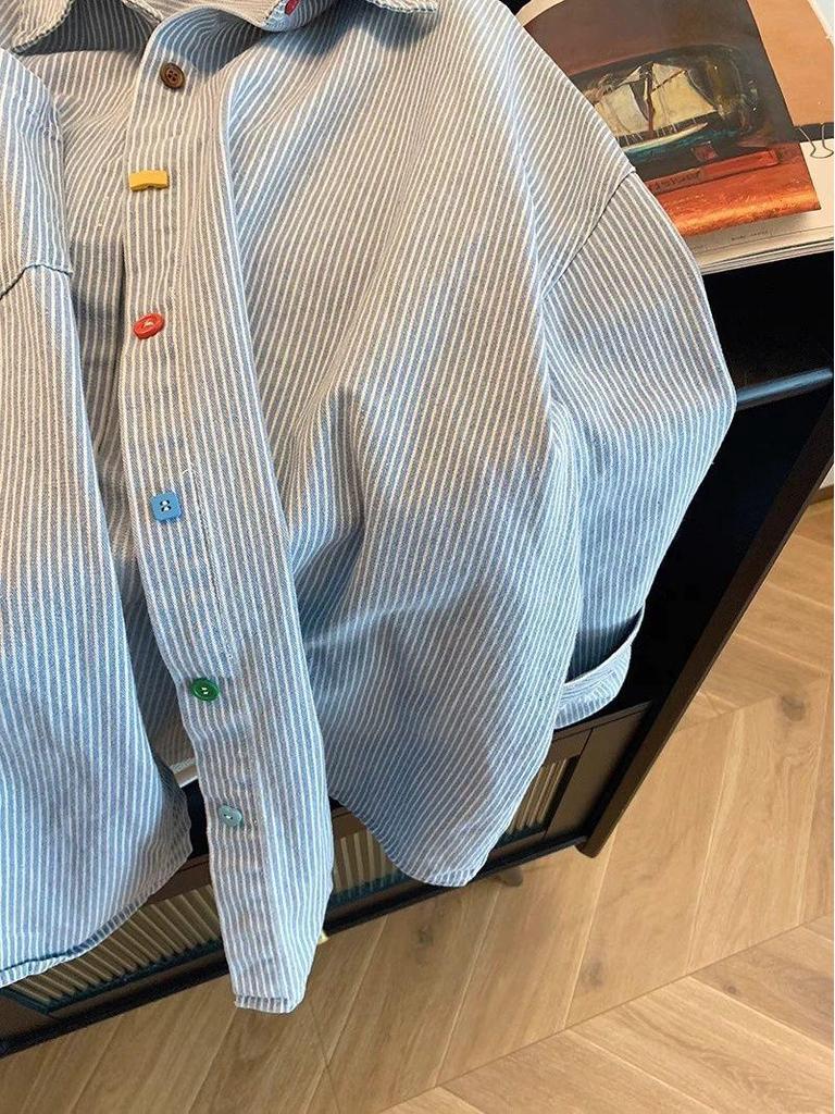 Women's Retro Color Block Striped Denim Shirt - Minimalist, Versatile, Long Sleeve Top