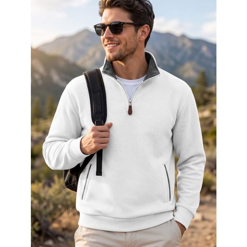 Men S Jacquard Stand Collar Pullover Sweatshirt With Zipper Pocket