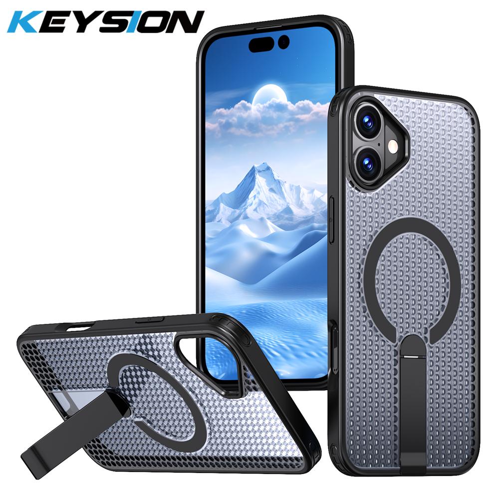 

KEYSION Hollow Heat Dissipation Case for MagSafe for iPhone 16 Pro Max 16Plus Magnetic Cooling Hide Stand Shockproof Phone Cover for iPhone 16 чёрный