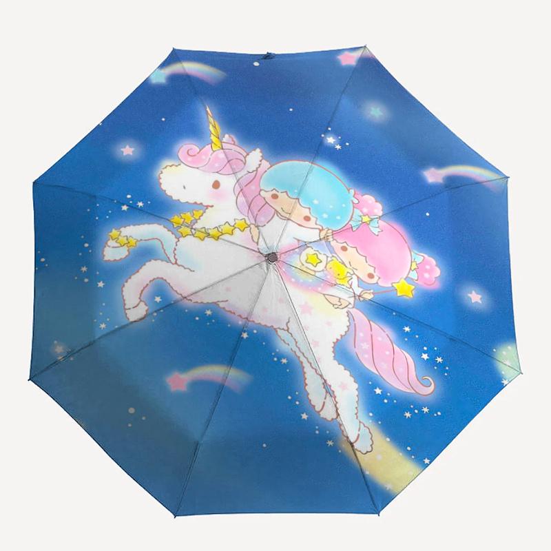 1pc Unicorn and Little twin stars Cartoon Umbrella, Portable 3-Fold Compact Umbrella, Suitable for Camping, Hiking and Travel, Ideal Easter Birthday G