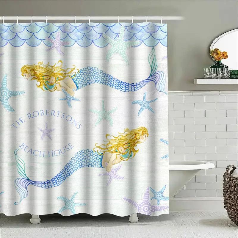"Mermaid Beach House Shower Curtain, Waterproof & Mildew-Resistant Bath Curtain with Ocean Theme for Coastal Home Decor"