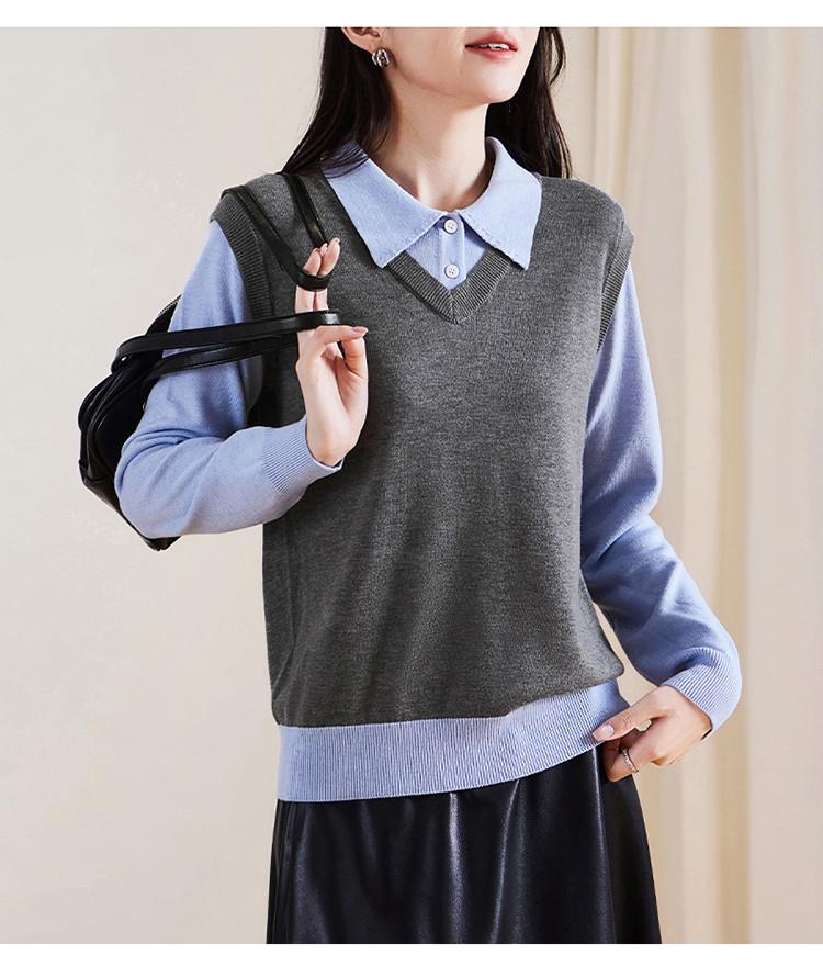 Fake Two Polo Collar Long-Sleeved Knitted Sweaters for Women