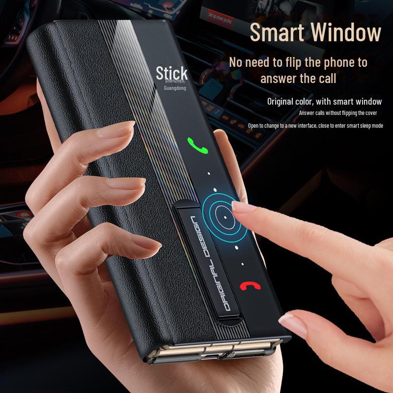 Husă din piele pentru Huawei MateXT: Pliere în trei, din piele naturală de vită Nappa, cu model perforat, cu fereastră inteligentă și suport.