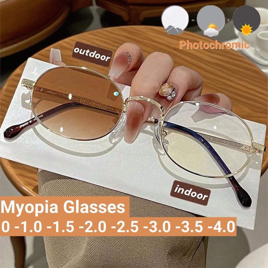 New Retro Oval Photochromic Women'S Myopia Glasses Ultra Light Neutral Luxurious Gray To Tea Lenses Anti Blue Light Glasses