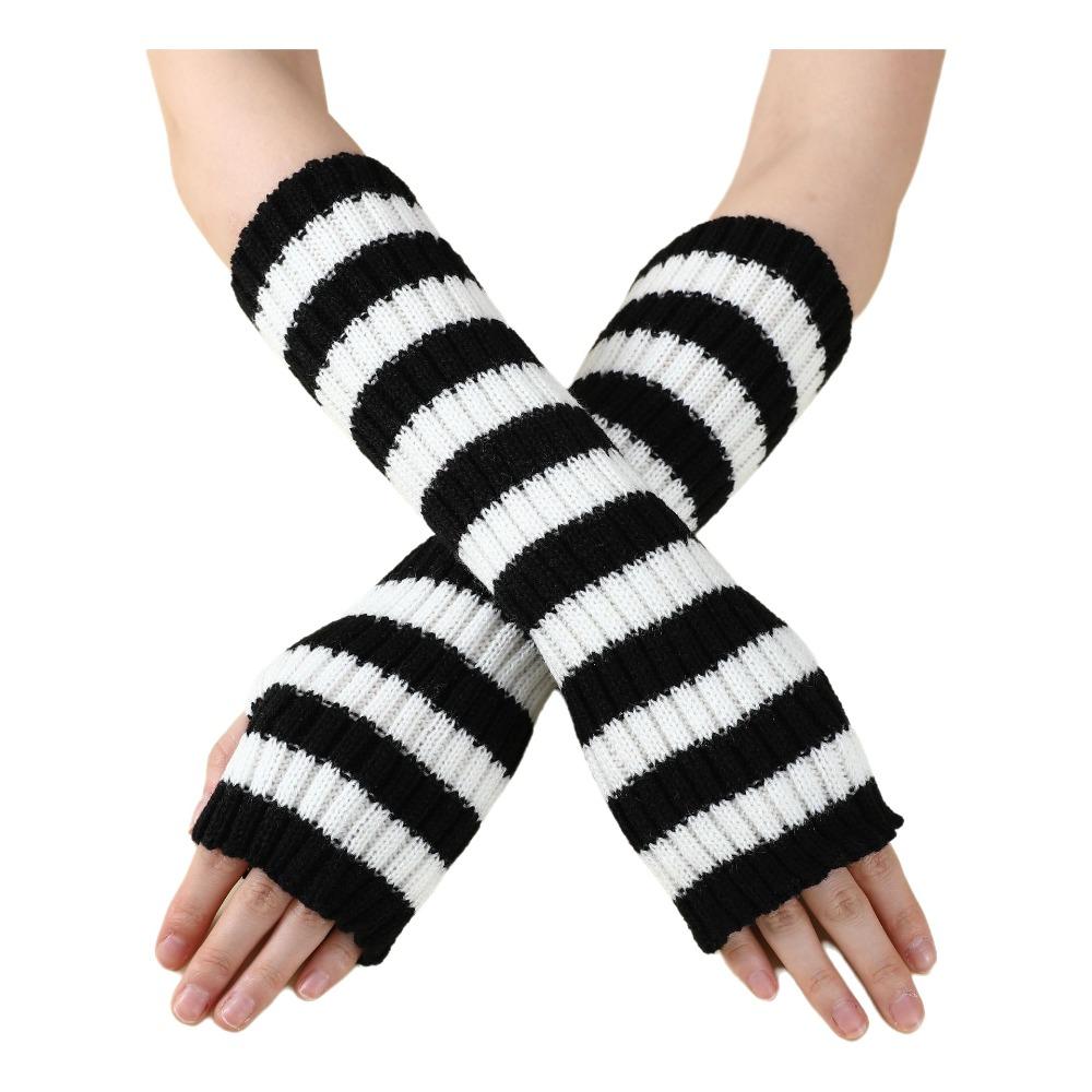 Elbow Length Long Fingerless Gloves Striped Knitted Gloves Wrist Sleeves  Cosplay Use