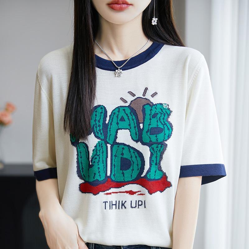 

Новый повседневный, свободный и простой женский вязаный свитер для通勤 с круглым вырезом и короткими рукавами для лета XL