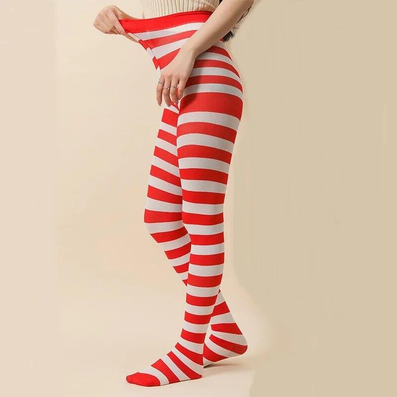Gothic-Punk-Strumpfhose für Damen, gestreift, Regenbogen, lange Strumpfhose, Halloween, Weihnachten, hohe Taille, Cosplay-Strumpf, elastische, dünne Legging