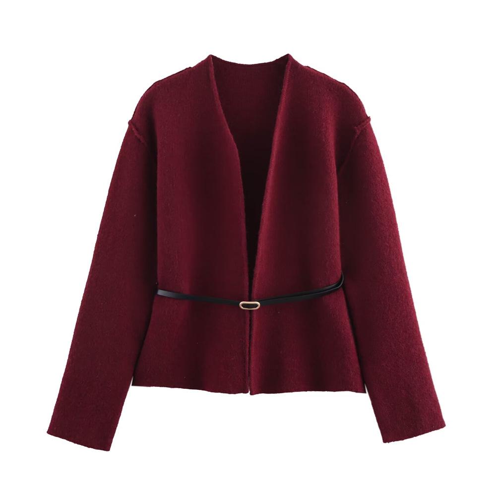 

Женский приталенный вязаный жакет с V-образным вырезом на весну/лето 2025 года с деталью в виде пояса Small бордовый