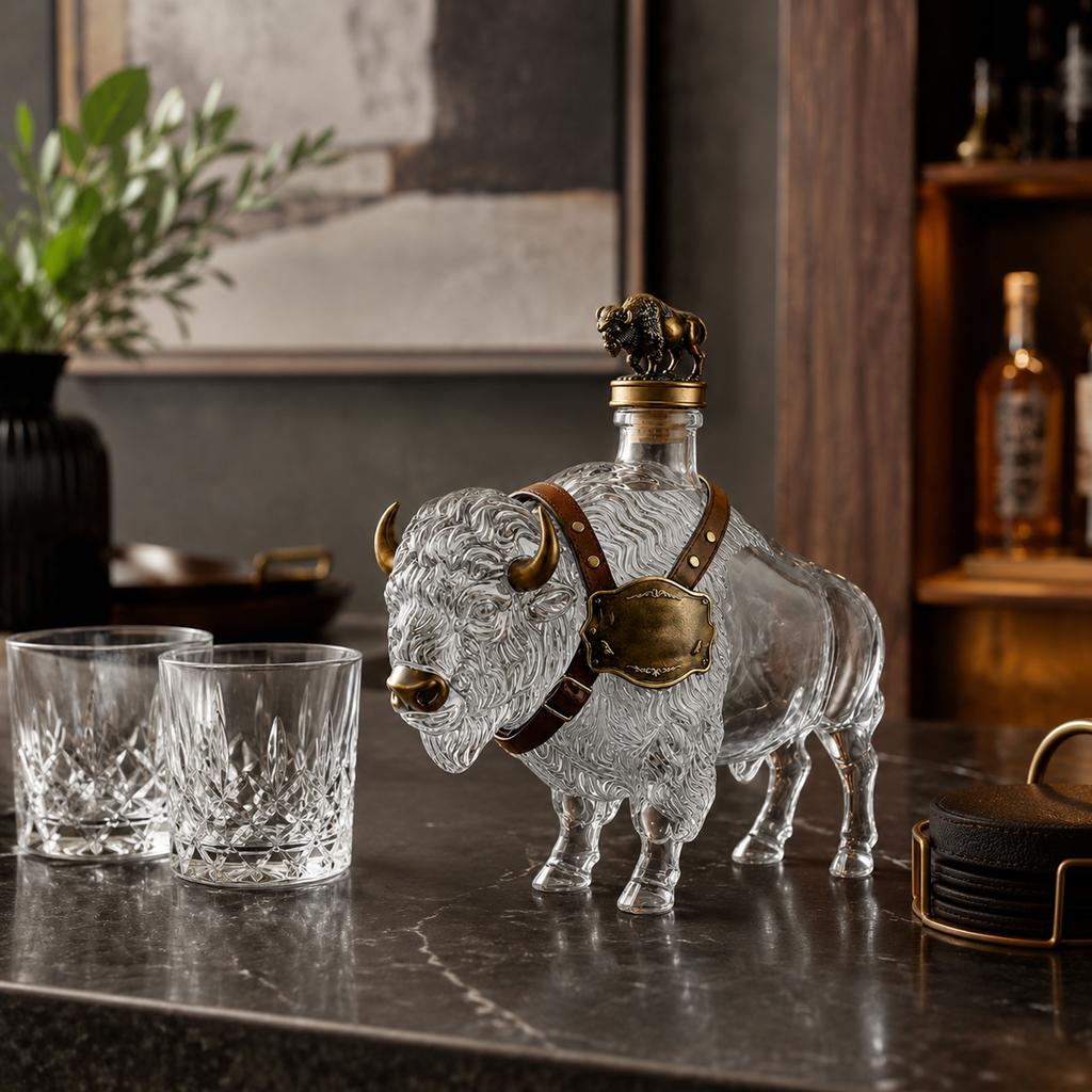 Buffalo Shaped Glass Liquor Bottle High Borosilicate Glass Whiskey Decanter Decorative Spirit Container with Cap for Home Bar Display