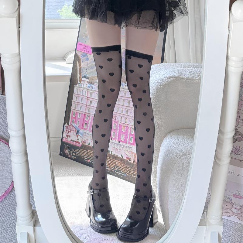 Japanese Heart Pattern Thigh-High Socks - Cute Slimming, Transparent Black Silk Stockings for Women One Size чёрный