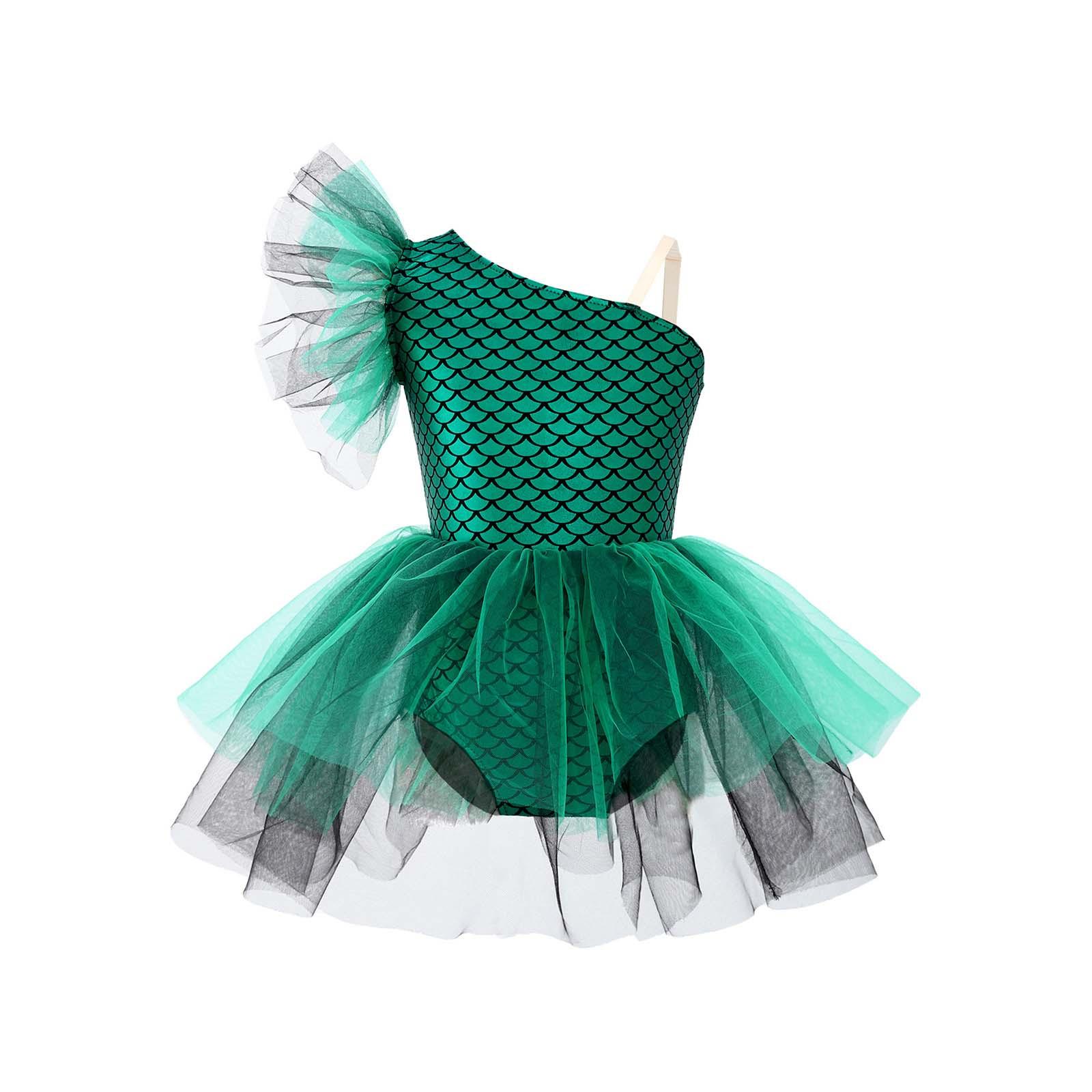 

Girls Halloween Ballerina Costume One Shoulder Sleeveless Mermaid Fish Scales Print Tutu Dress Dance Camisole Leotard 5-6 Years зелений