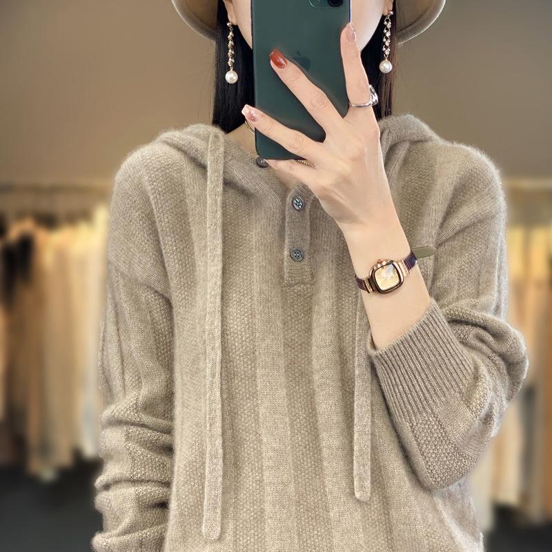 Versatile Wool Hooded Knit Sweater for Women