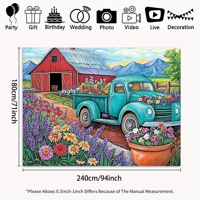 2D Rustic Farm Barn and Teal Truck Backdrop for Spring Party Photoshoot
