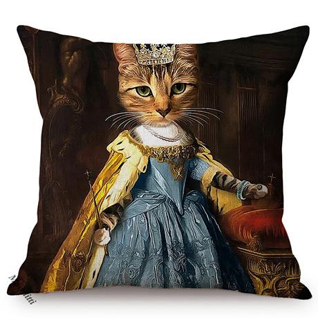Cat Funky Animal Portrait Europe Renaissance Oil Painting Posters Style Decorative Throw Pillow Cases Linen Sofa Cushion Cover