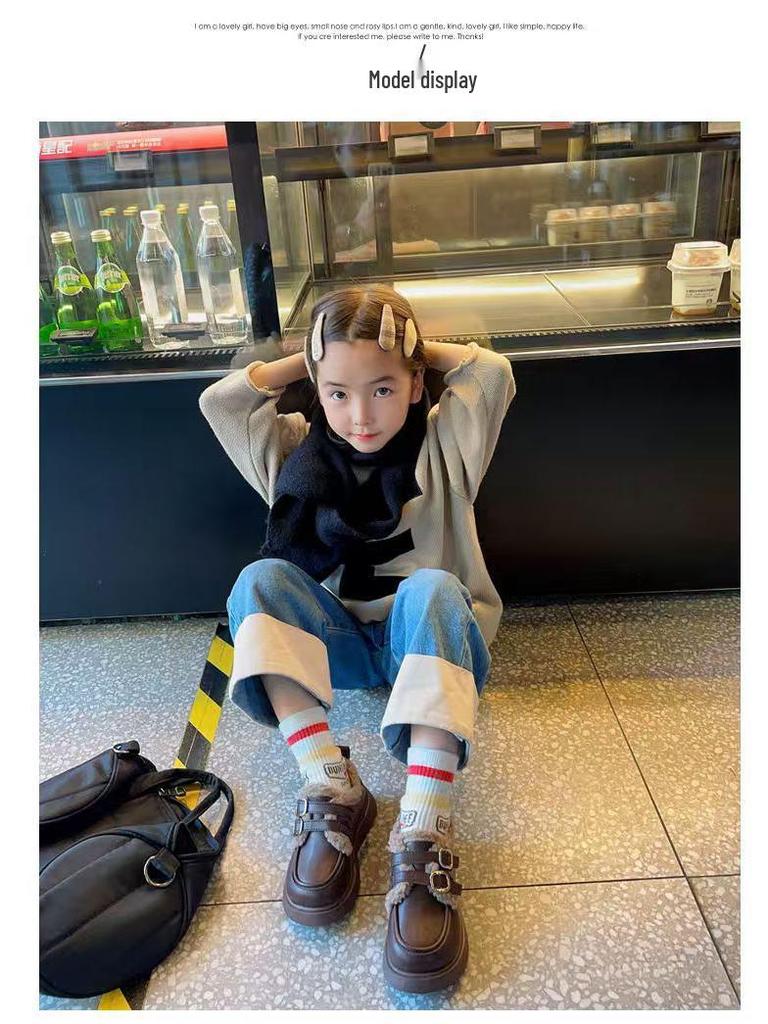 Girls' Cotton Fleece Princess Shoes - 2025 Autumn/Winter British Style, Warm & Thickened Soft Sole Leather Shoes