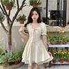 Summer Bubble Sleeve Square Neck Dress Women's New Gentle Wind Lace-up Edge Waist Short Sleeve A-Word Women's Short Skirt