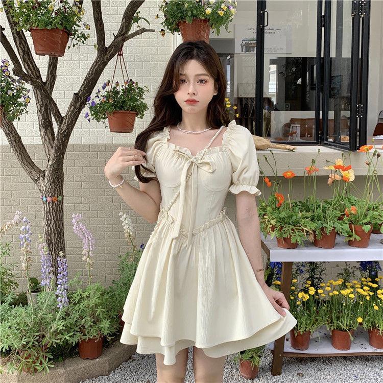 Summer Bubble Sleeve Square Neck Dress Women's New Gentle Wind Lace-up Edge Waist Short Sleeve A-Word Women's Short Skirt