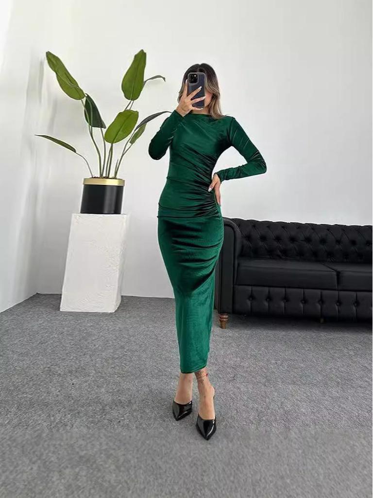 Damen Slim Fit Plissee Langarmkleid Herbst/Winter 2026, Einfarbig, Rundhals.
