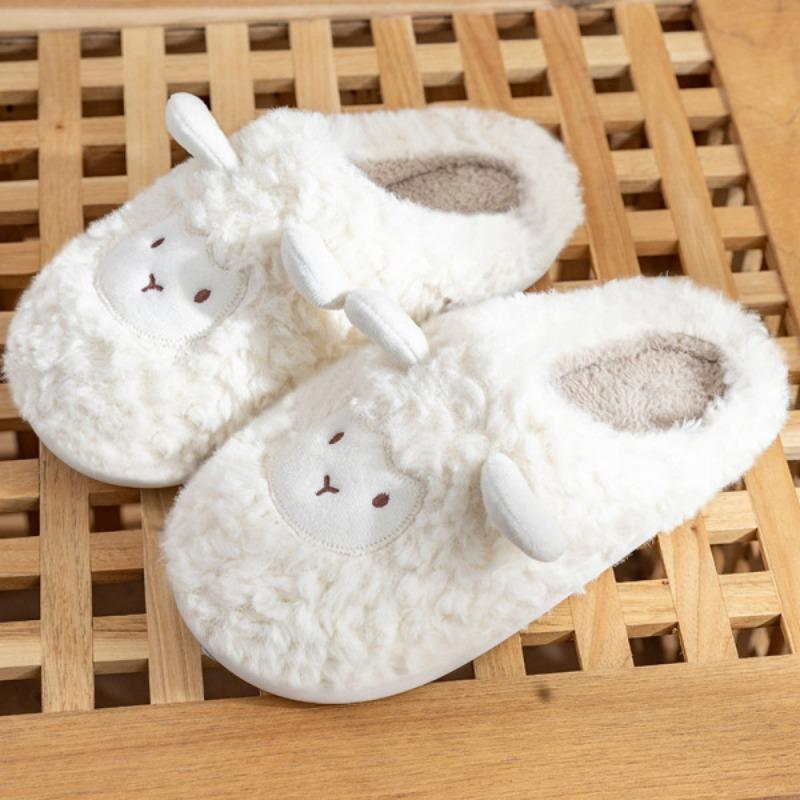 Cute cotton slippers women's winter indoor home thick bottom velvet warm couple plush cartoon lamb cotton drag men