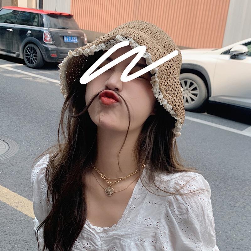 Lace Straw Hat for Women, Japanese-style Fresh and Delicate Lace Beach Hat, Summer Korean Version Versatile Sun-shading Straw Fisherman Hat, Trendy