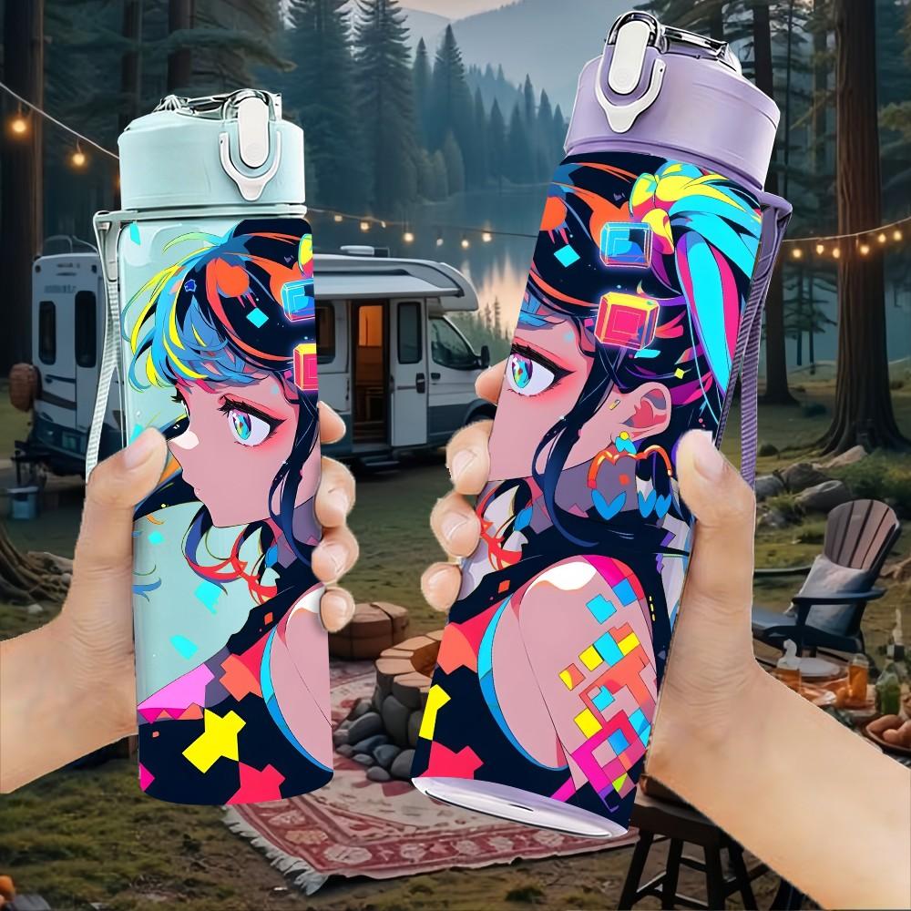 1PC Multicolor Hair Anime Girl Pop Character 750ml Color Plastic Sports Water Bottle Leakproof Flip Straw Lid Suitable for Sports Office Home Use