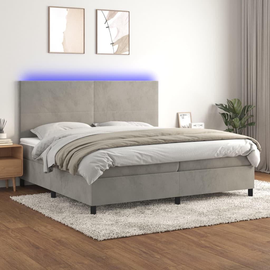 Box Spring Bed with Mattress & LED Light Grey 200x200 cm Velvet