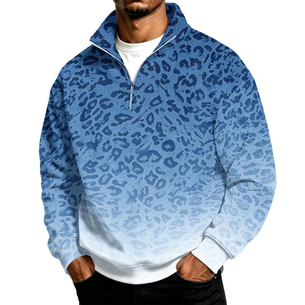 Men's Casual 1/4 Zip Stand Collar Sweatshirt with Leopard Print for Everyday Wear