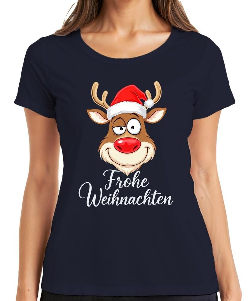 Merry Christmas Reindeer Rudolph Santa Hat Funny Cartoon Ladies TShirt S