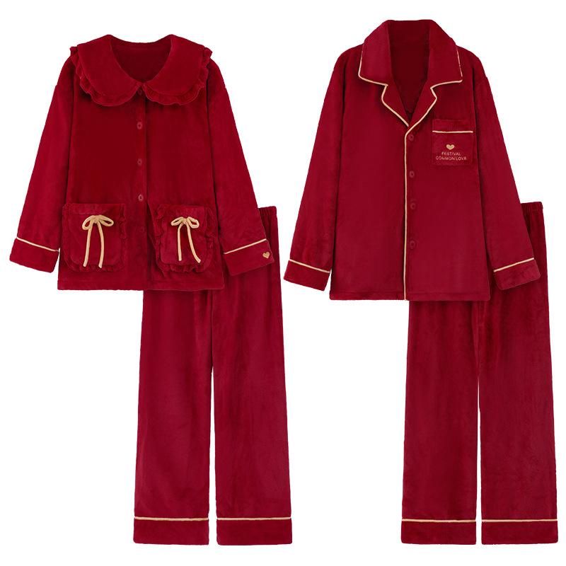 Fleece Thickened Flannel Red Pajamas Wedding Couple Suit Autumn And Winter Coral Fleece Men'S And Women'S Loungewear