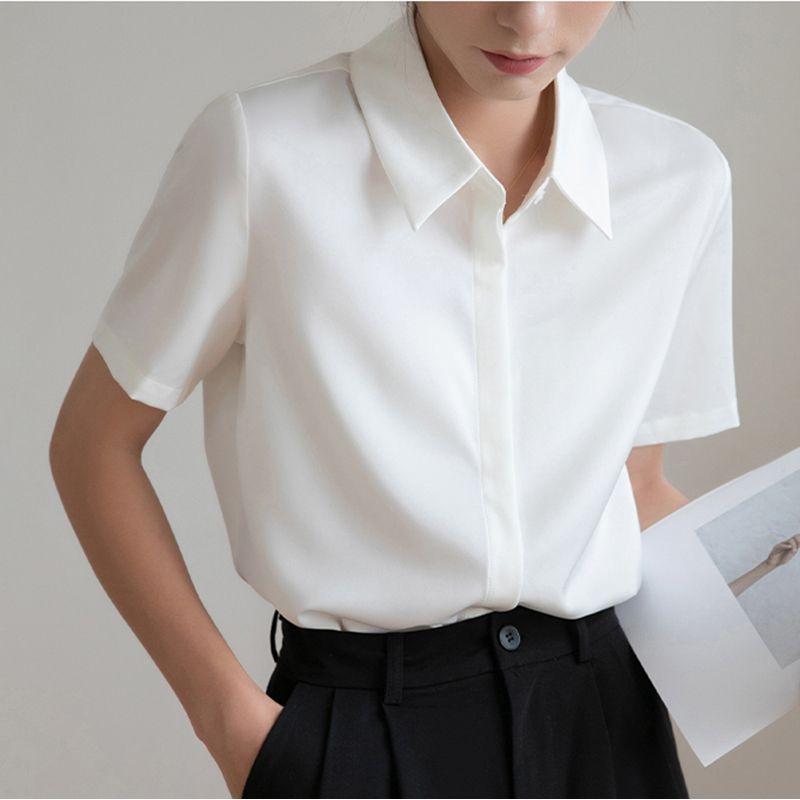 

2025 Summer New White Shirts Women s Short Sleeve Hidden Hook Top Teacher Broadcast Interview Shirt Anti-Wrinkle Easy to Handle White short sleeve L