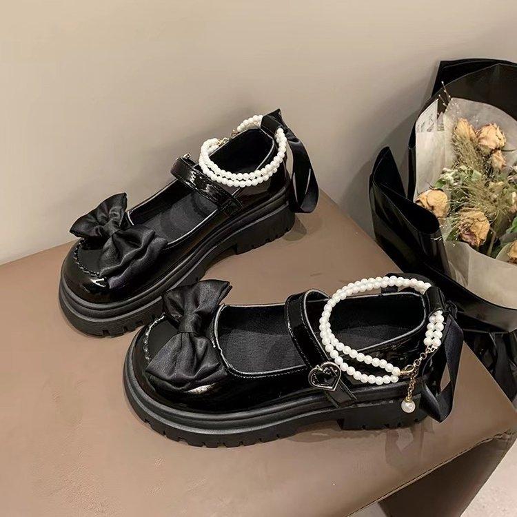 Fashion “Lolita - Style” Patent - Leather Mary Janes, Bow & Pearl - Decorated Chunky Heels, Perfect for Daily & JK Outfits