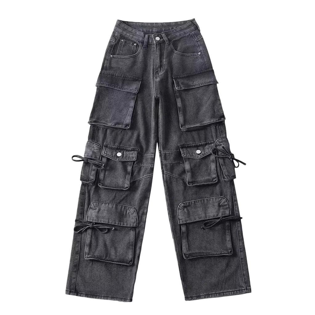 Autumn Street Style Multi-Pocket Splicing Jeans: European & American Casual Straight-Leg Trousers