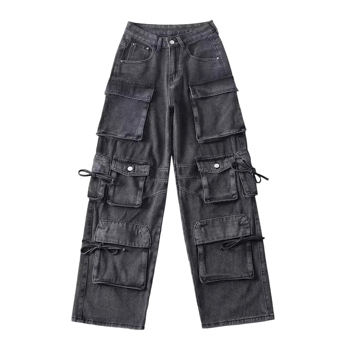 

Autumn Street Style Multi-Pocket Splicing Jeans: European & American Casual Straight-Leg Trousers XL серый