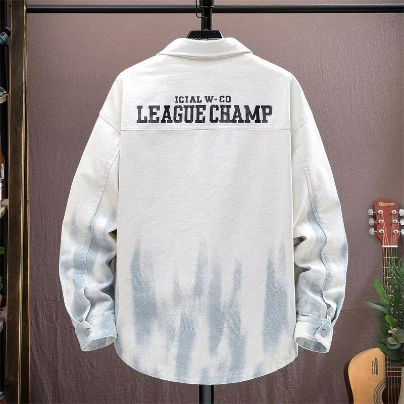 Men's White Gradient Denim Jacket Letter Print Casual Oversized Streetwear Coat