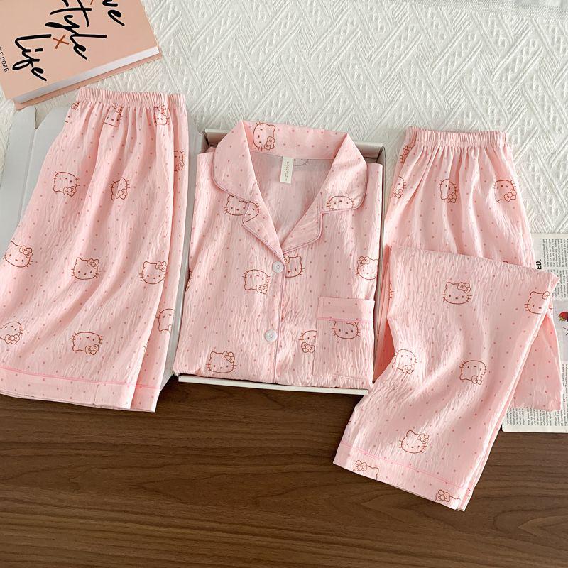 Summer Women's Three-Piece Pajama Set: Cardigan, Short Sleeve Top, Shorts, and Long Pants - Lightweight and Cute for Home or Outdoor Wear