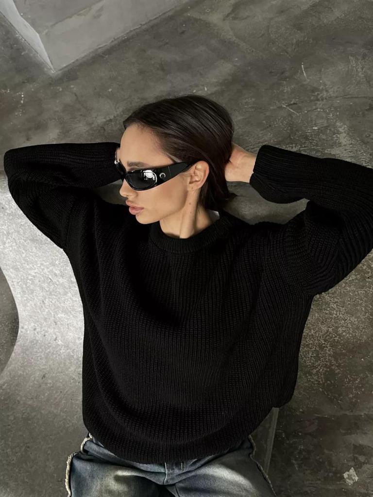 Plain Round Neck Sweater - 2024 European & American Spring/Autumn Loose Knit Pullover for Women